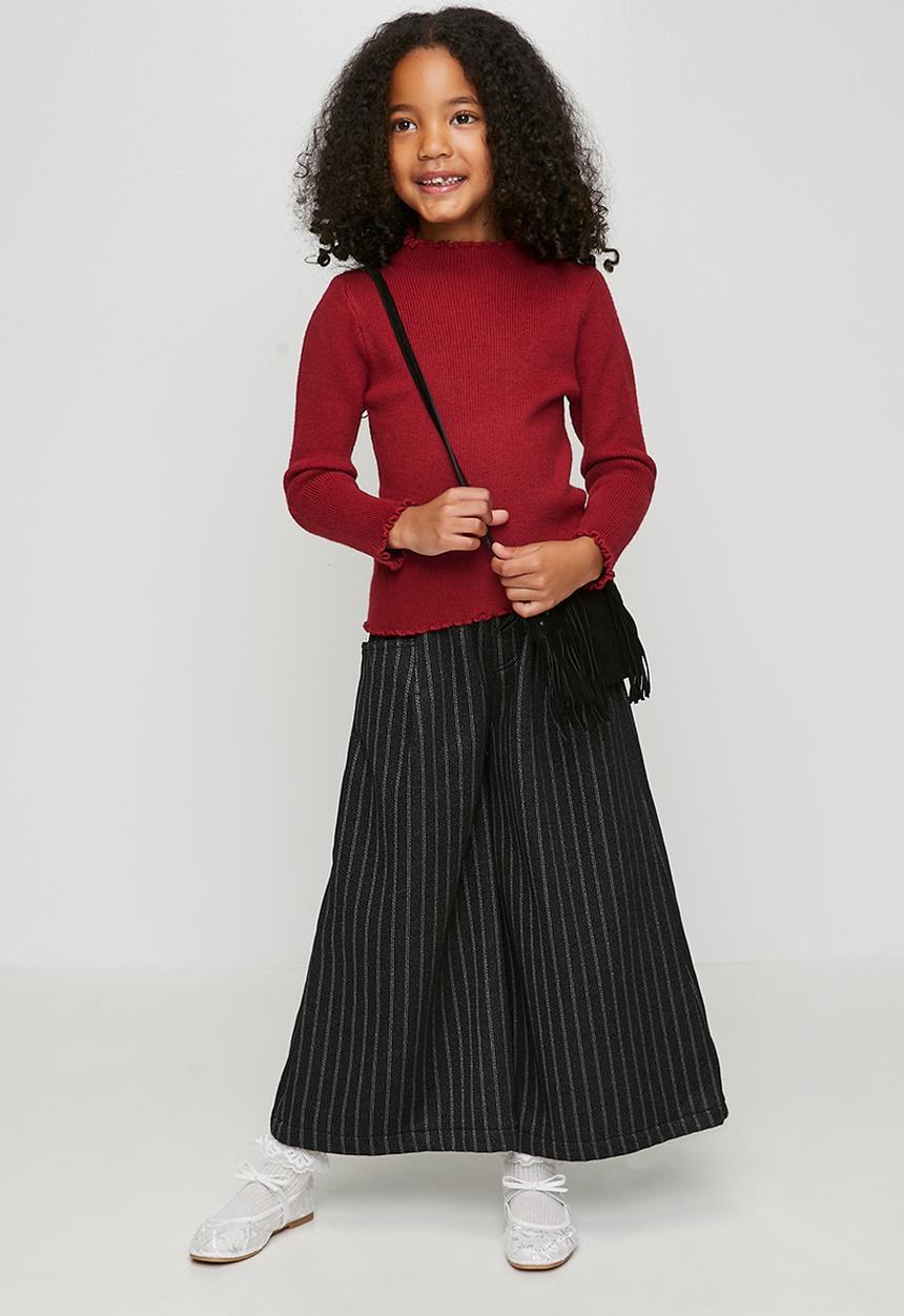 Pop Candy - Ribbed lettuce hem long sleeved top - ruby red