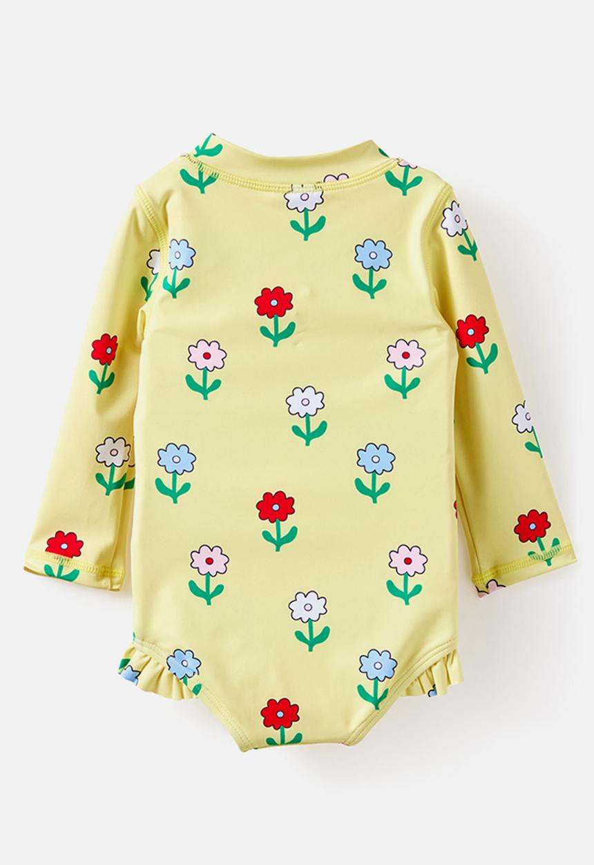 Cotton On - Lucy Long Sleeve Ruffle Back Swimsuit - Lemon Squash/Florals