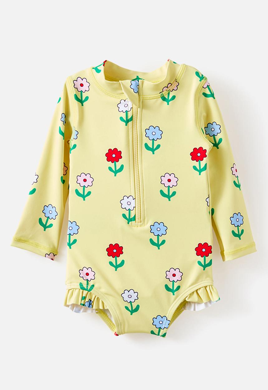 Cotton On - Lucy Long Sleeve Ruffle Back Swimsuit - Lemon Squash/Florals