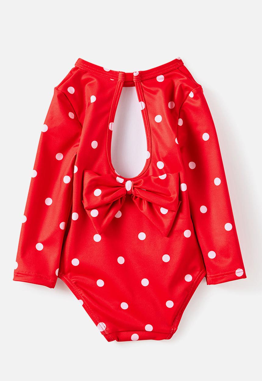 Cotton On - Leah Long Sleeve Keyhole Back One Piece - Varsity Red/Spots