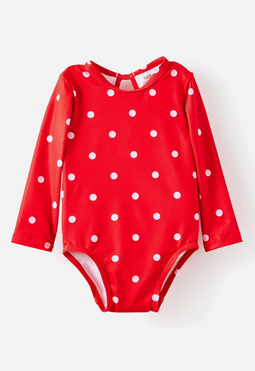 Cotton On - Leah Long Sleeve Keyhole Back One Piece - Varsity Red/Spots