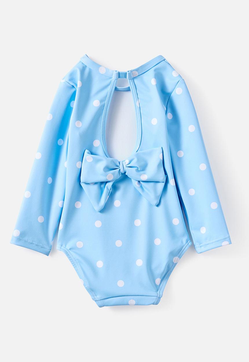 Cotton On - Leah Long Sleeve Keyhole Back One Piece - Dawn Blue/Spots