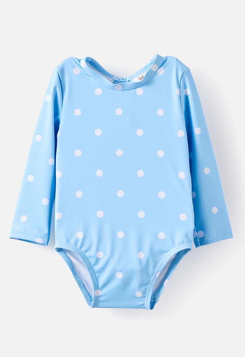 Cotton On - Leah Long Sleeve Keyhole Back One Piece - Dawn Blue/Spots