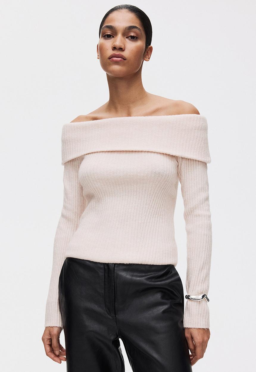 H&M - Rib-knit off-the-shoulder top - pale pink