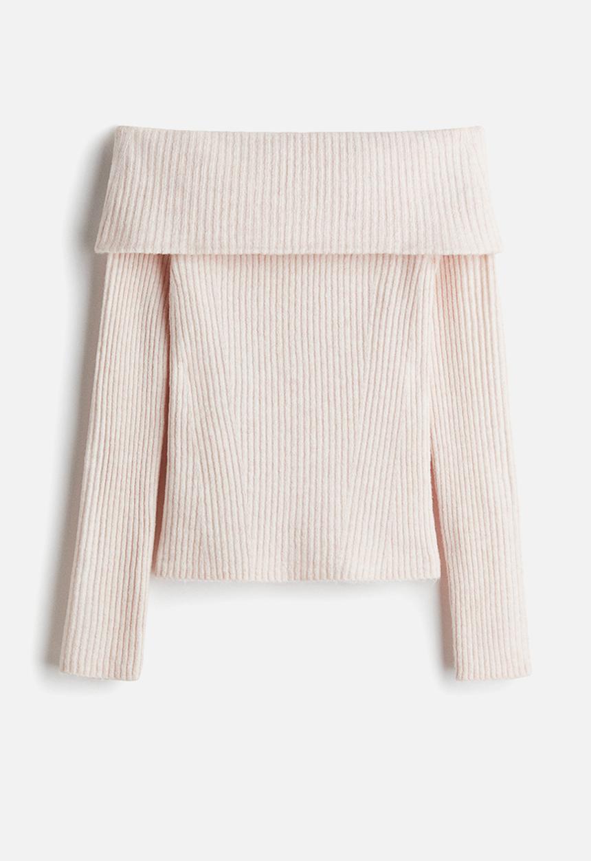 H&M - Rib-knit off-the-shoulder top - pale pink