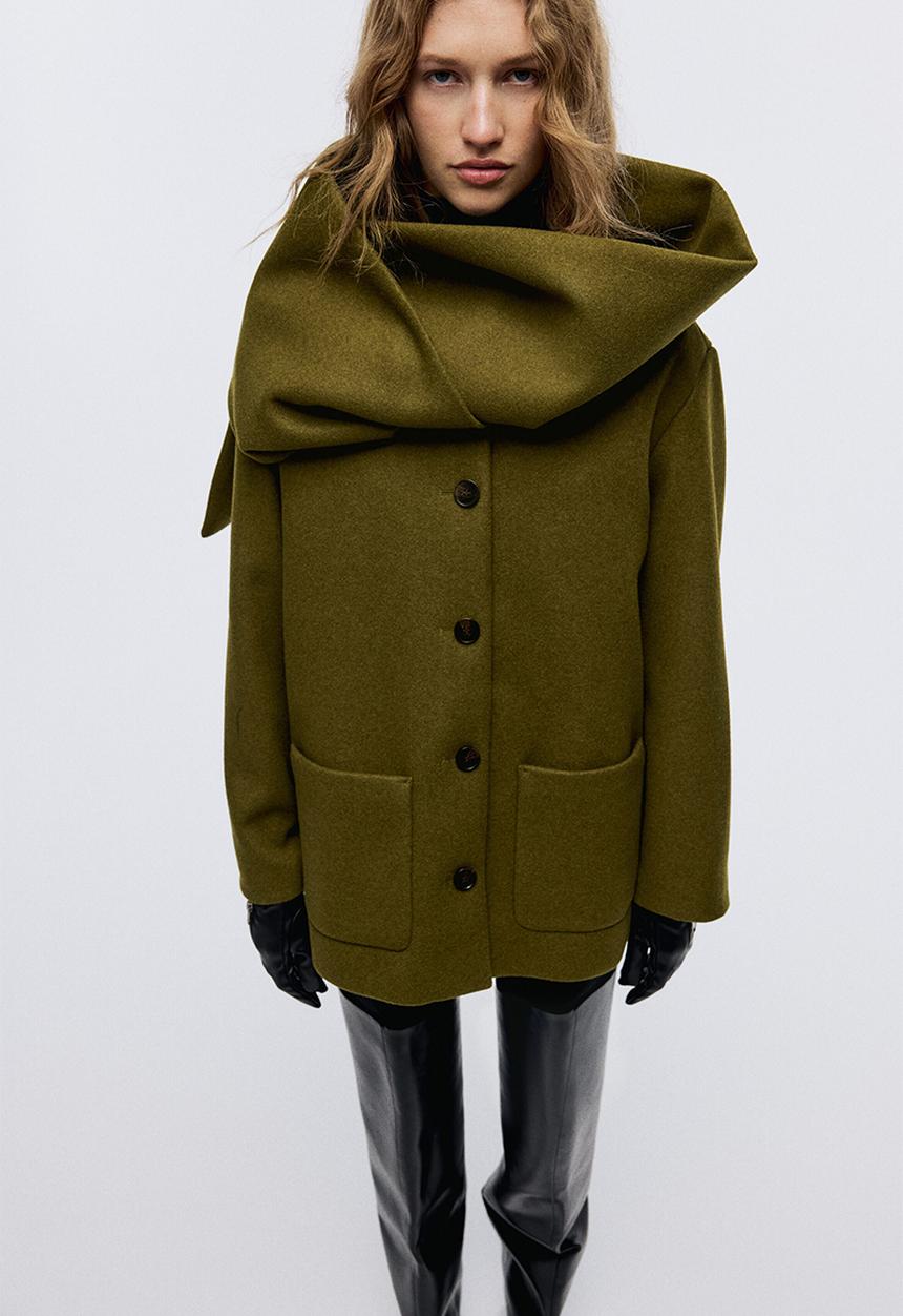 H&M - Scarf-detail coat - olive green