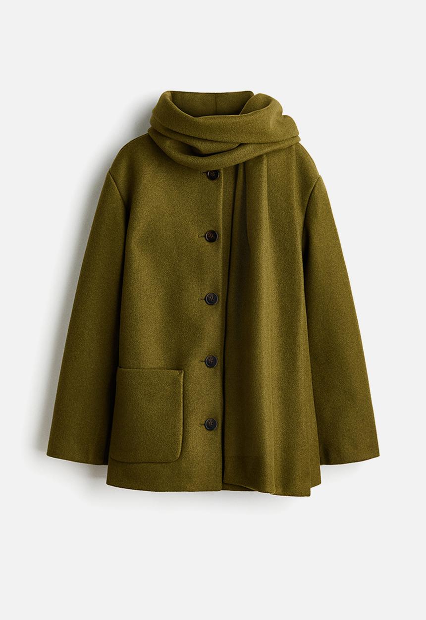H&M - Scarf-detail coat - olive green