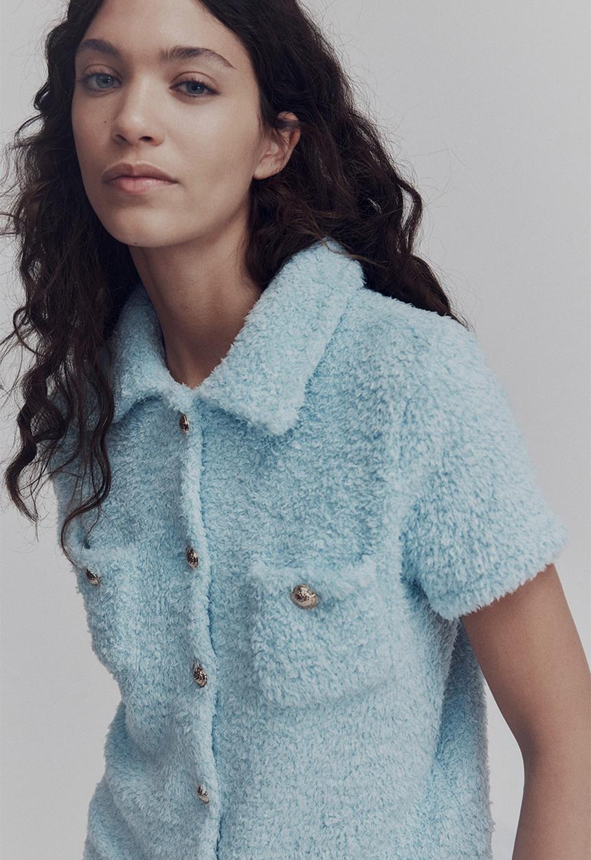 H&M - Short-sleeved teddy cardigan - light turquoise