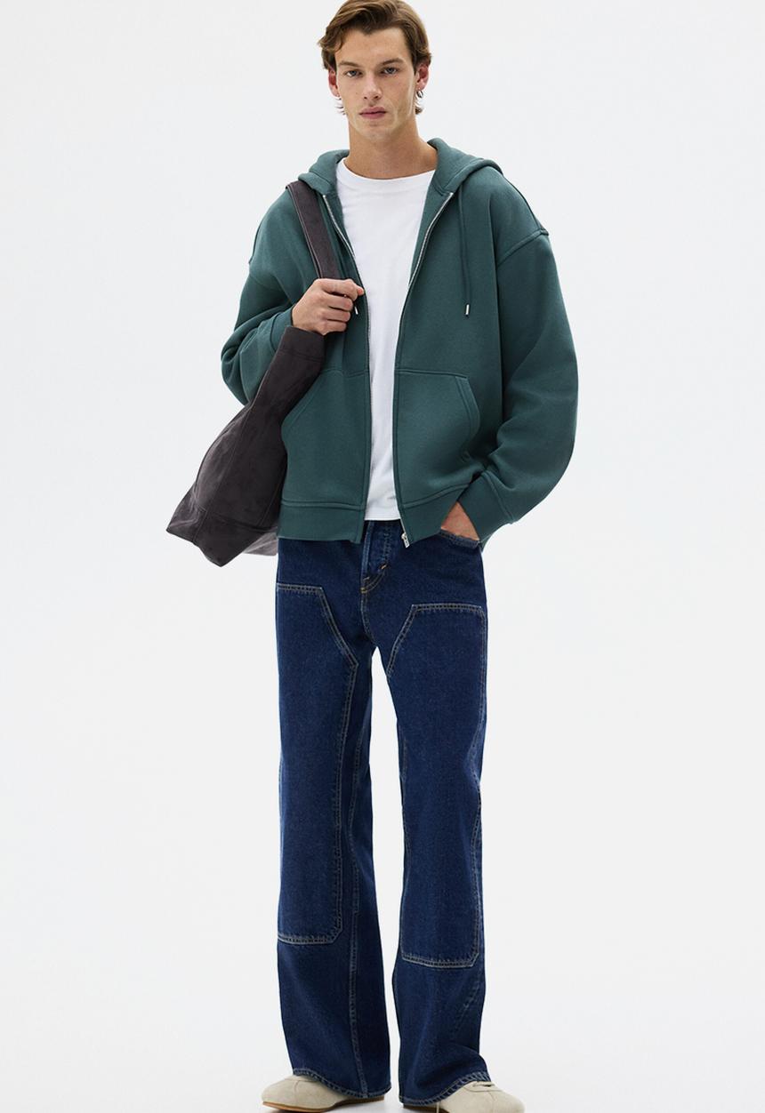 Loose fit zip-through hoodie - dark teal - 1308010013