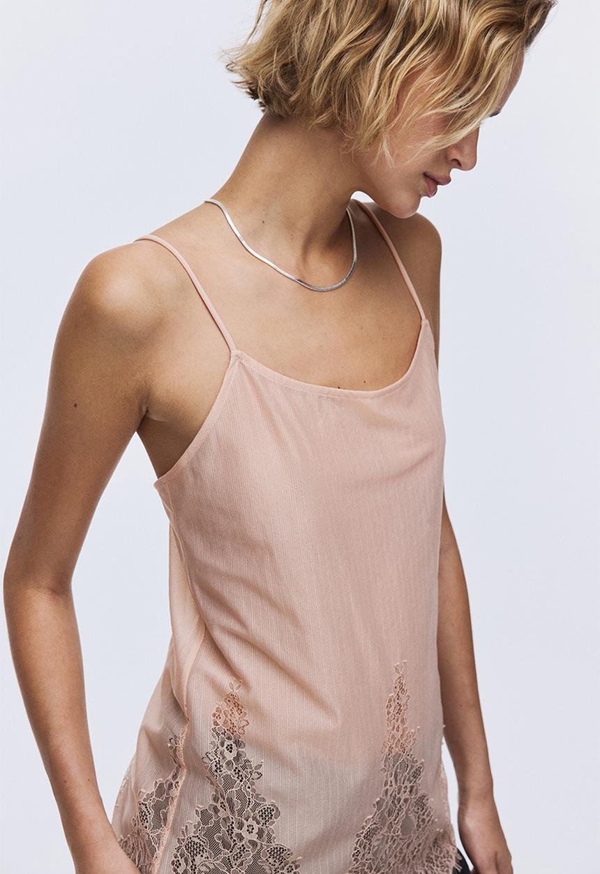 H&M - Lace-trimmed strappy top - light peach pink