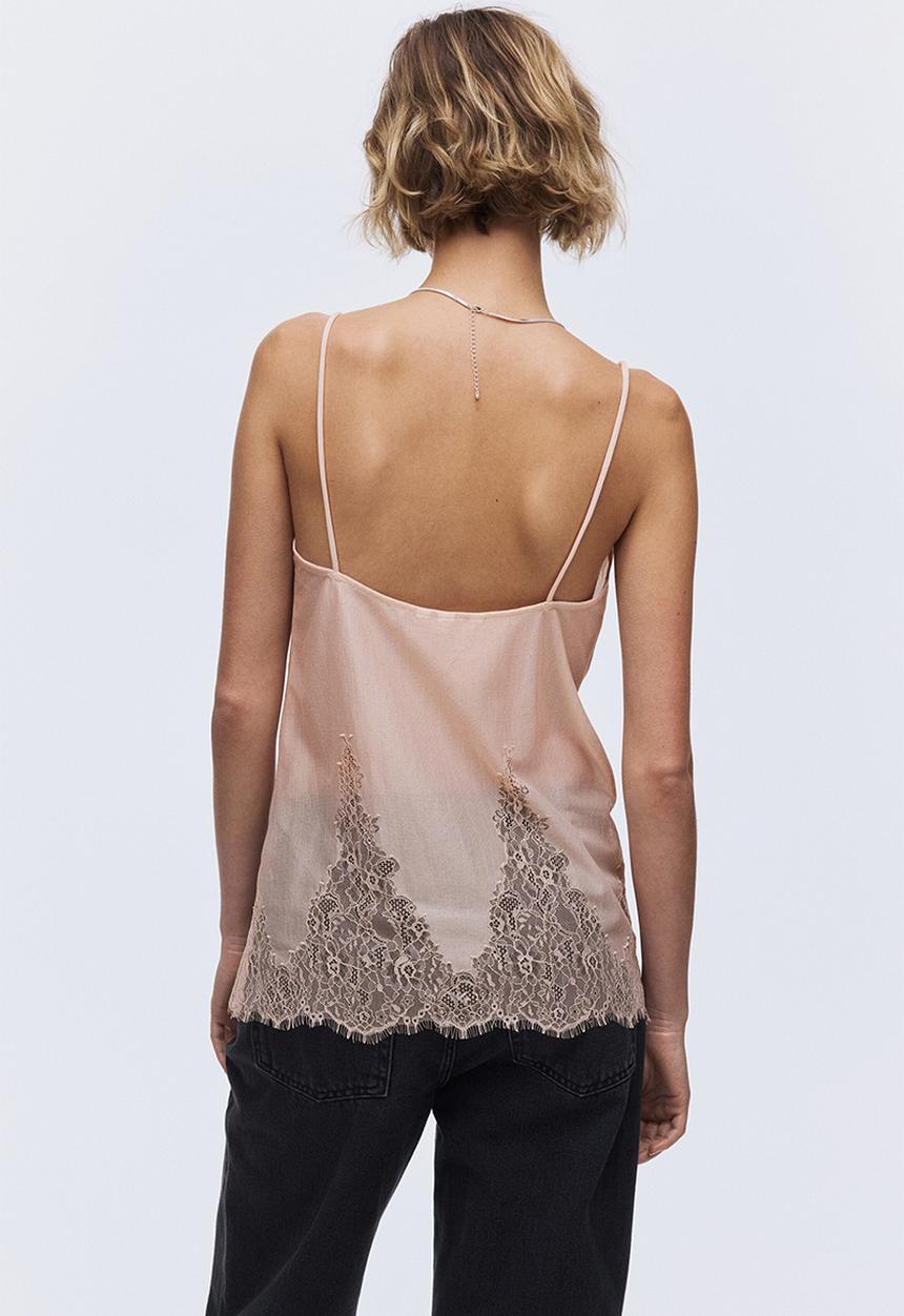 H&M - Lace-trimmed strappy top - light peach pink