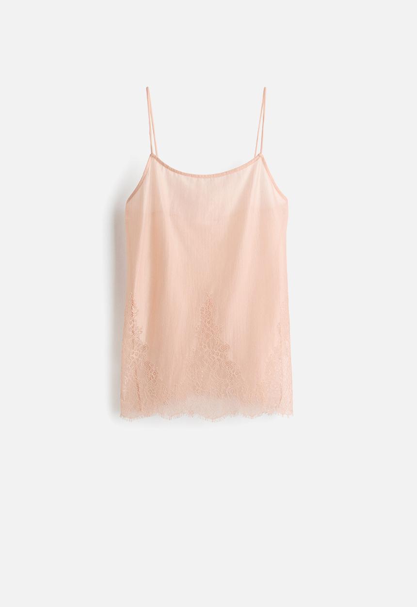 H&M - Lace-trimmed strappy top - light peach pink