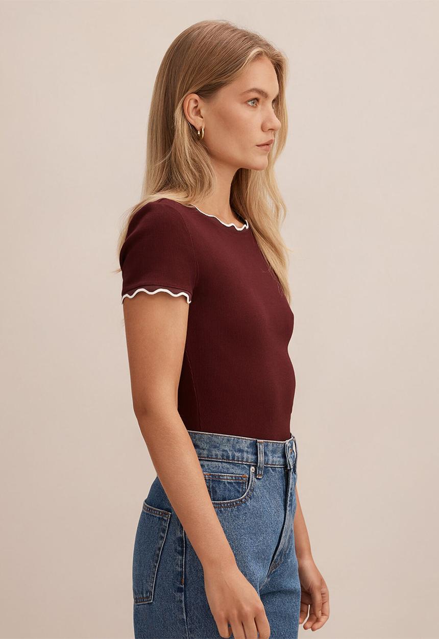 Forever New - Rebecca scallop trim T-shirt in - deep maroon/porcelain