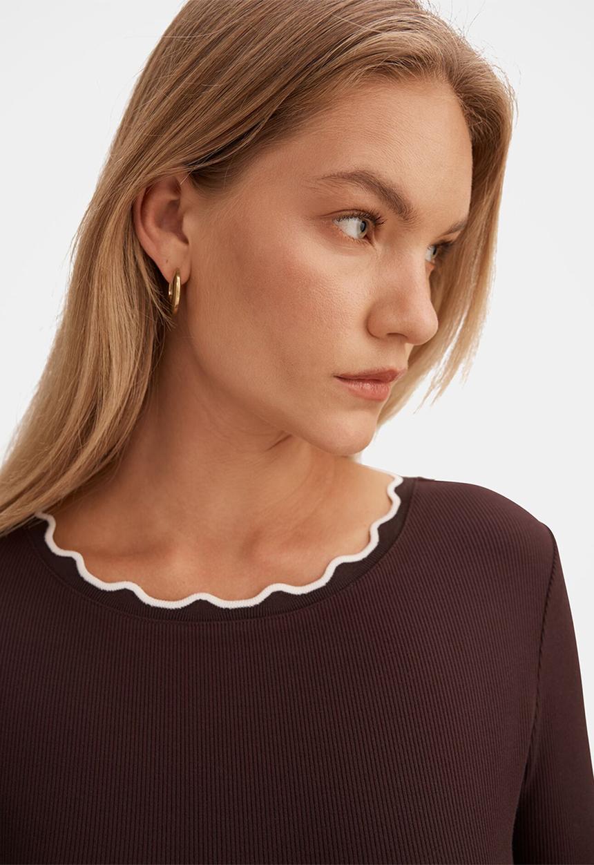 Forever New - Rebecca scallop long sleeve top - chocolate/porcelain