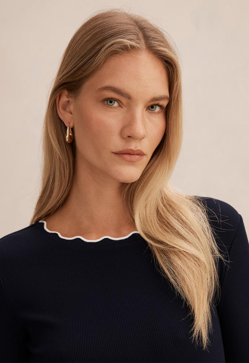 Forever New - Rebecca scallop long sleeve top - navy/porcelain
