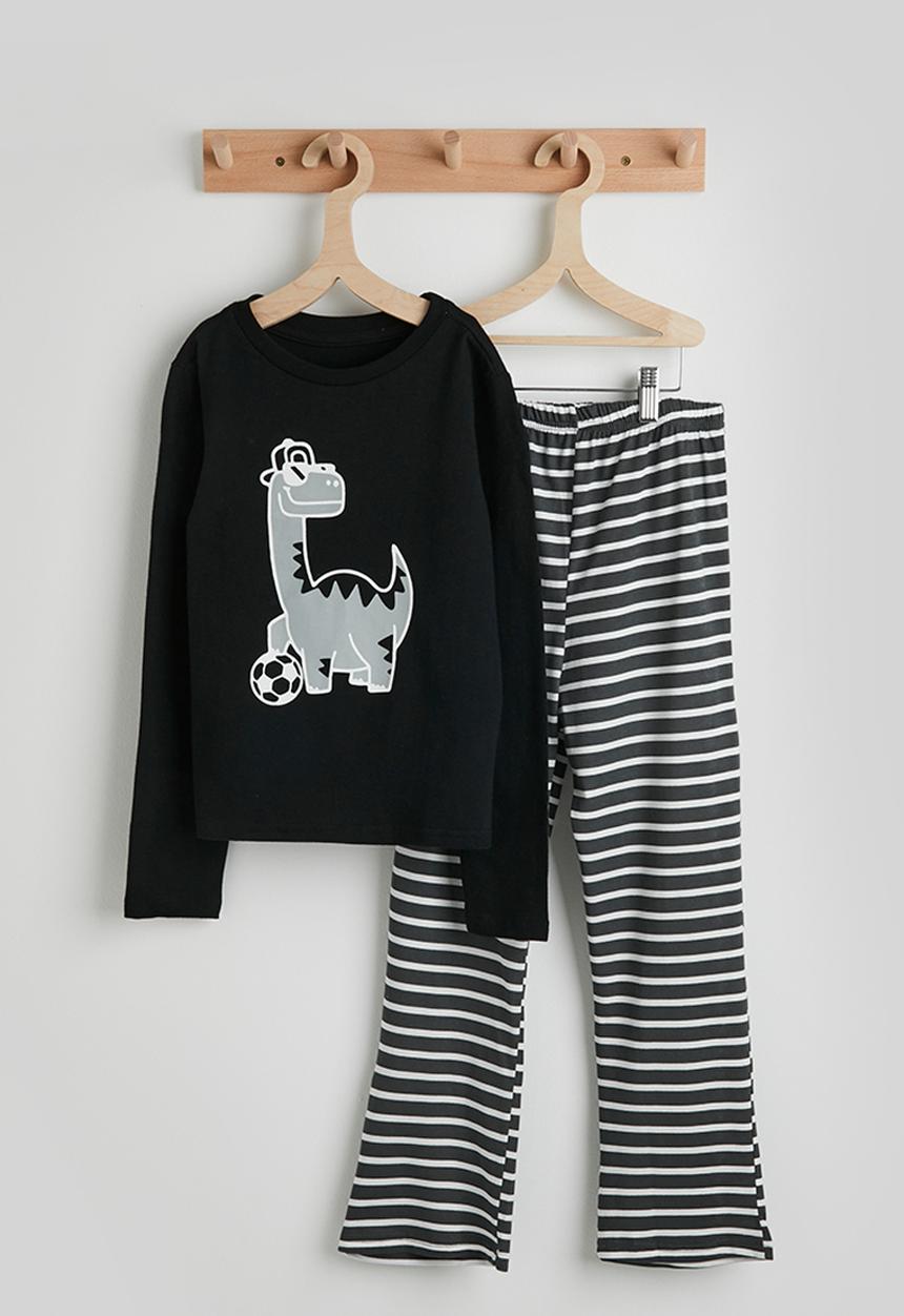 Pop Candy - Dino graphic pj set - black/charcoal stripe
