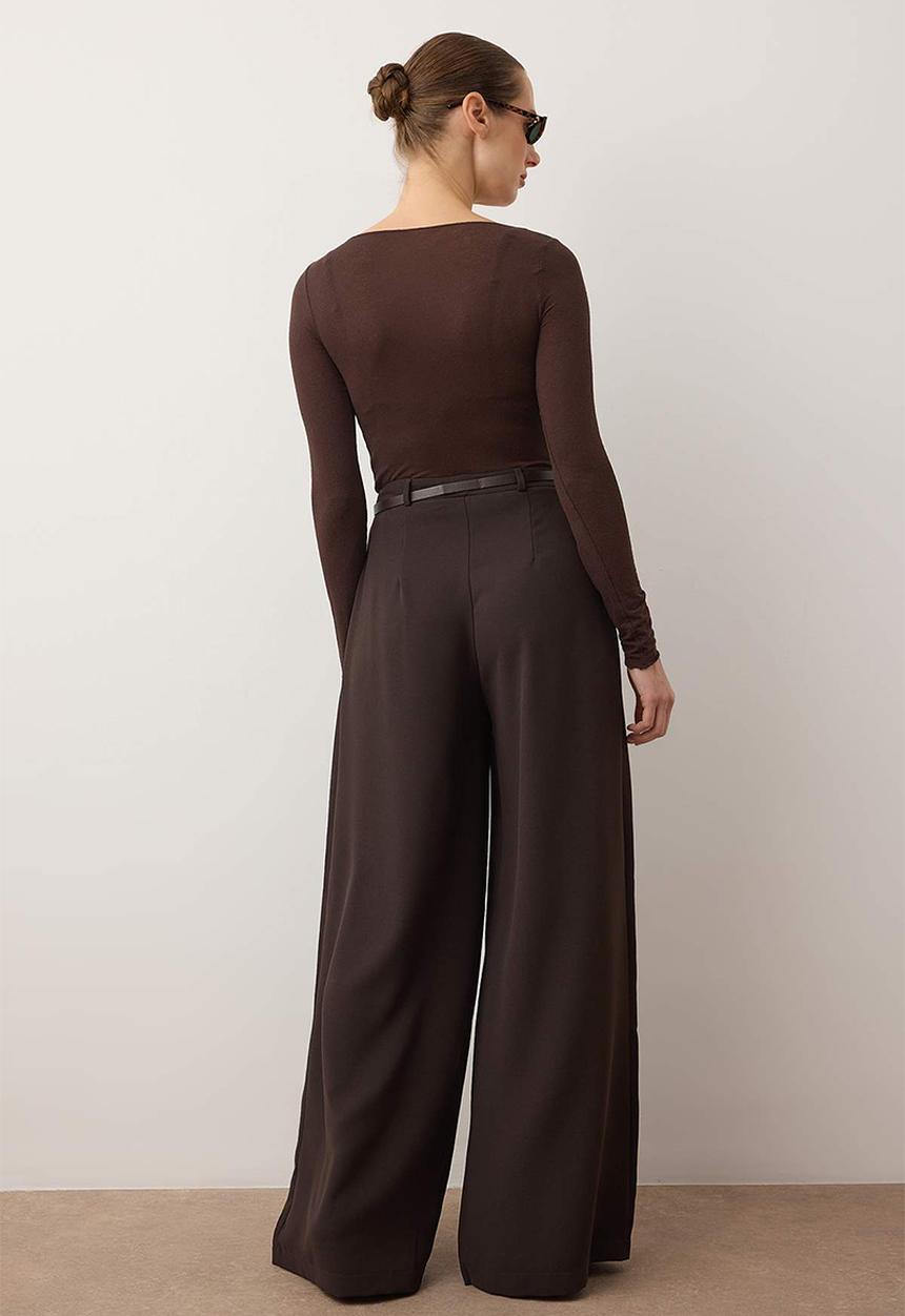 Trendyol - Belted Pleated Wide Leg Trousers - Brown