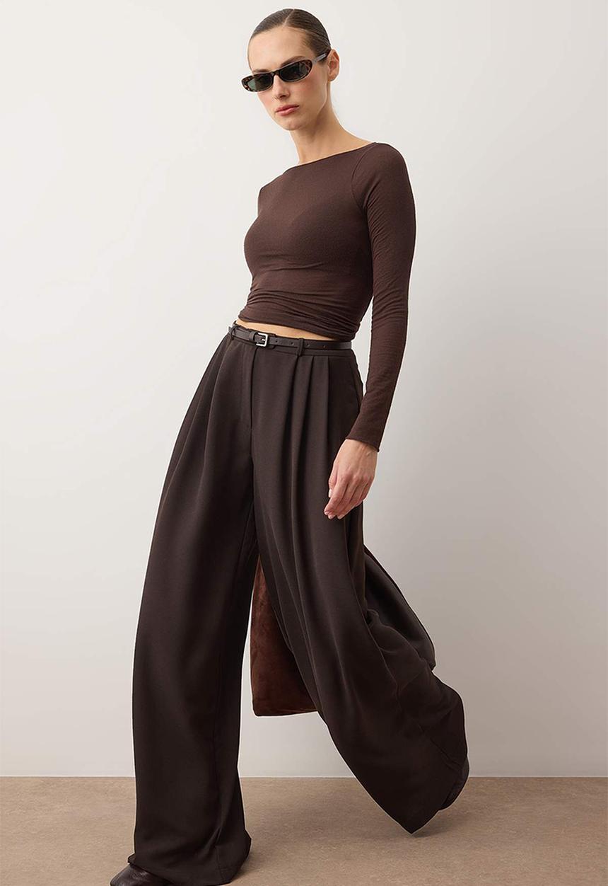 Trendyol - Belted Pleated Wide Leg Trousers - Brown