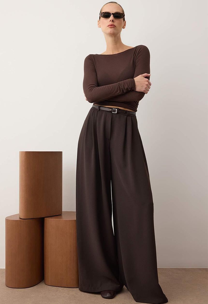 Trendyol - Belted Pleated Wide Leg Trousers - Brown