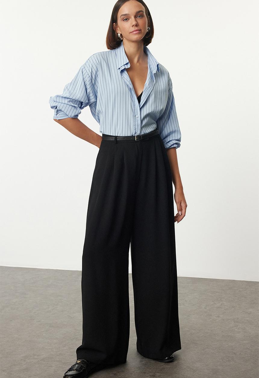 Trendyol - Belted Pleated Palazzo Trousers - Black