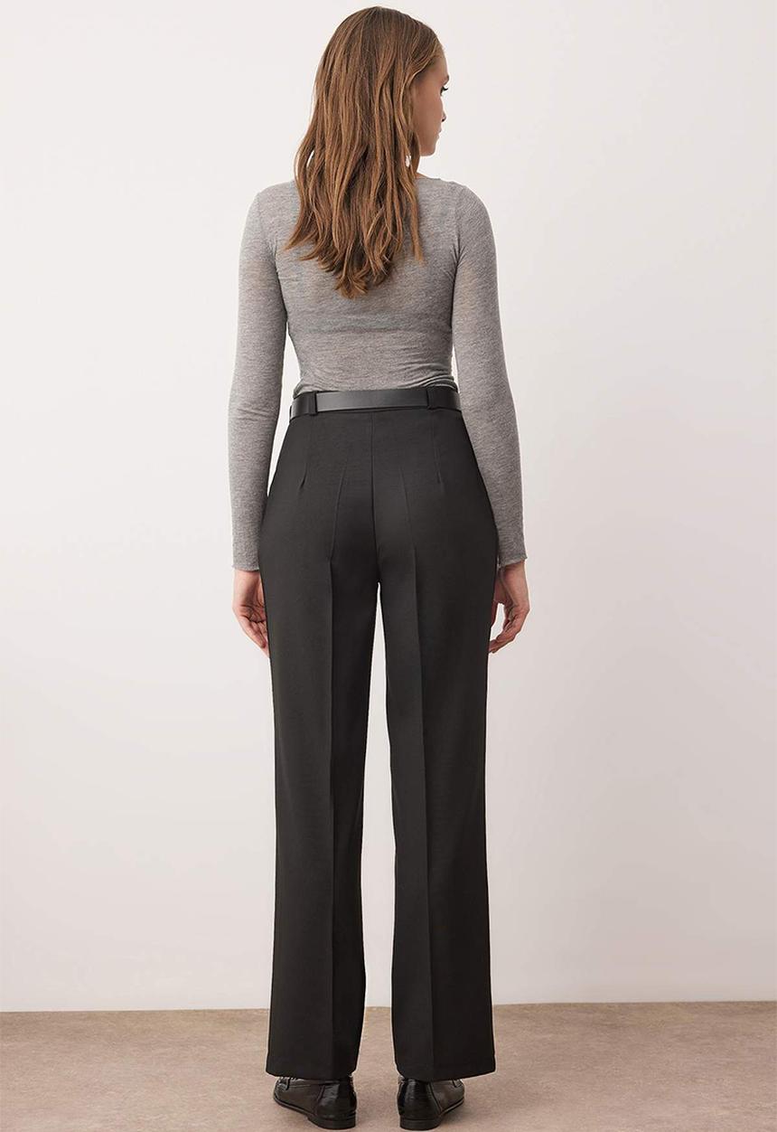 Trendyol - Belted Straight Leg Trousers - Black