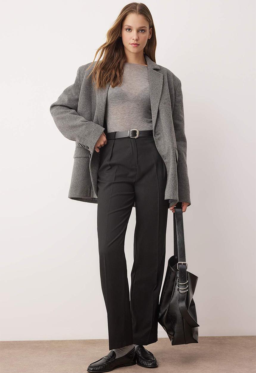 Trendyol - Belted Straight Leg Trousers - Black