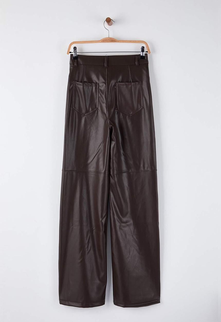 Trendyol - Relaxed Fit Leather Look Trousers - Brown