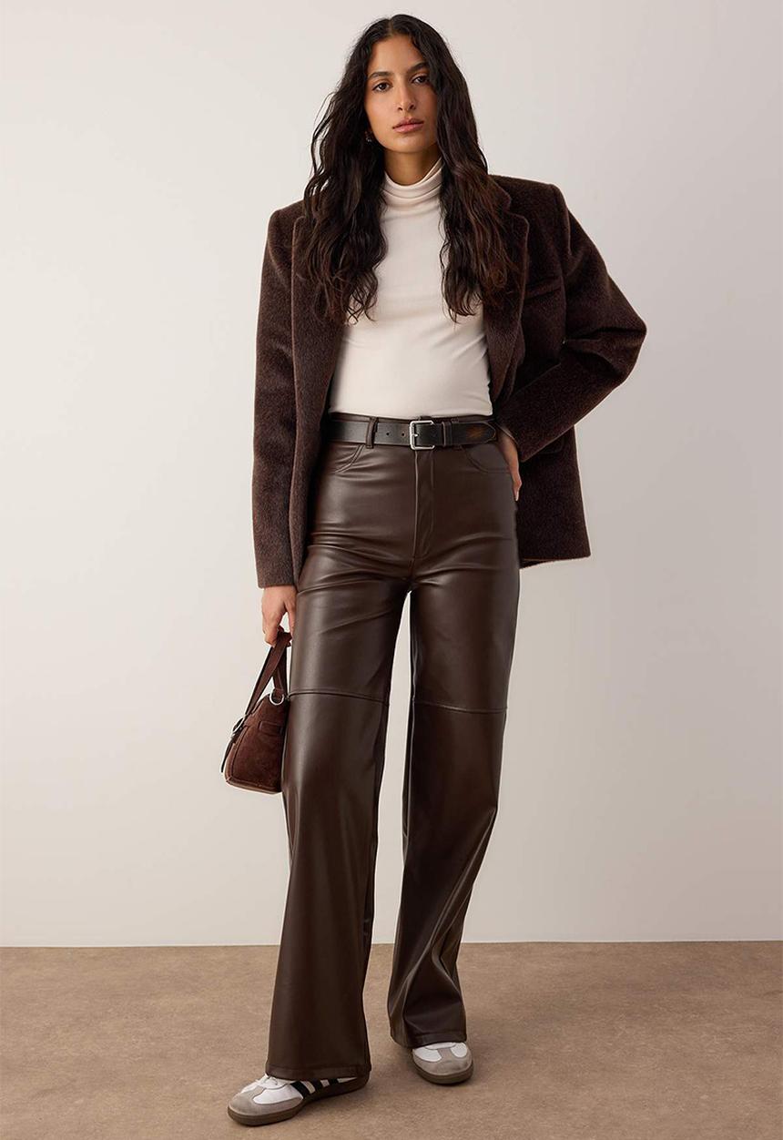 Trendyol - Relaxed Fit Leather Look Trousers - Brown
