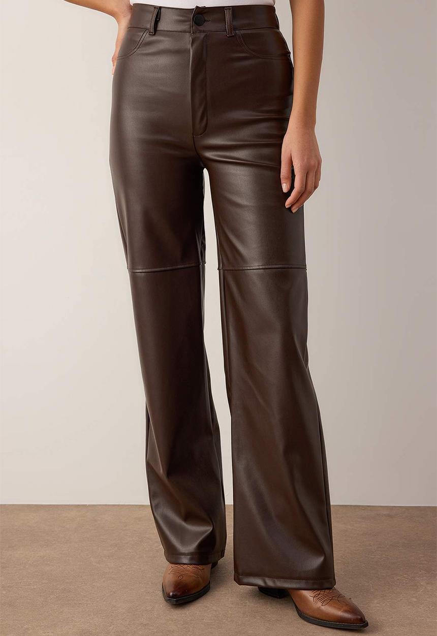 Relaxed Fit Leather Look Trousers - Brown