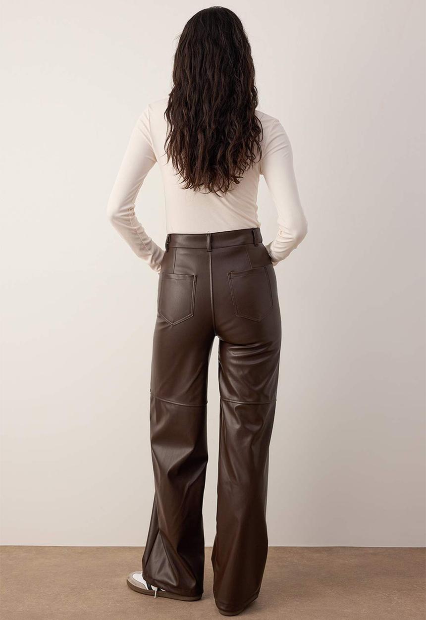 Trendyol - Relaxed Fit Leather Look Trousers - Brown