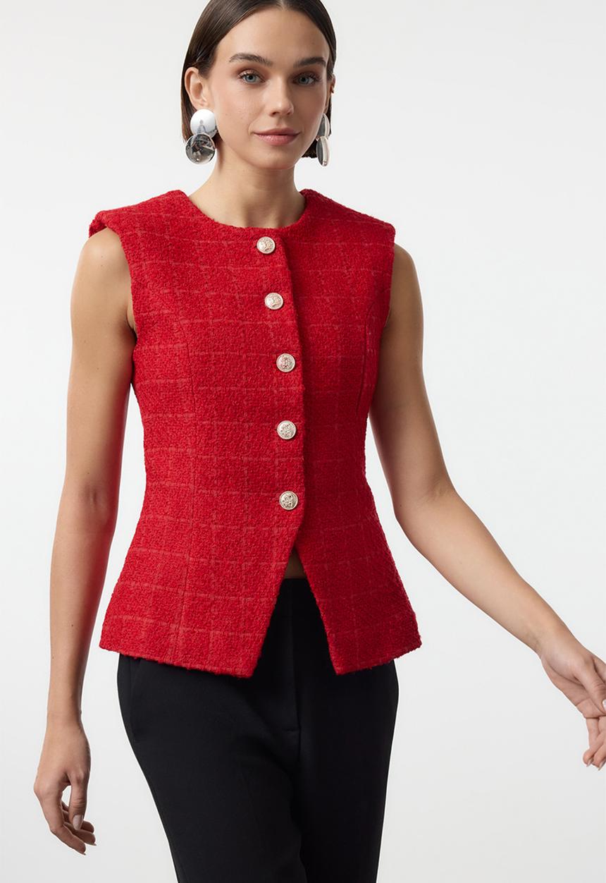 Trendyol - Regular Tweed Round Neck Woven Vest - Red