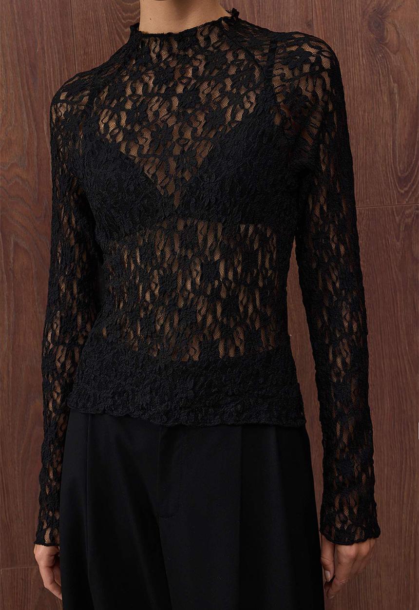 Trendyol - Raglan Sleeve Lace Long Sleeve Blouse - Black