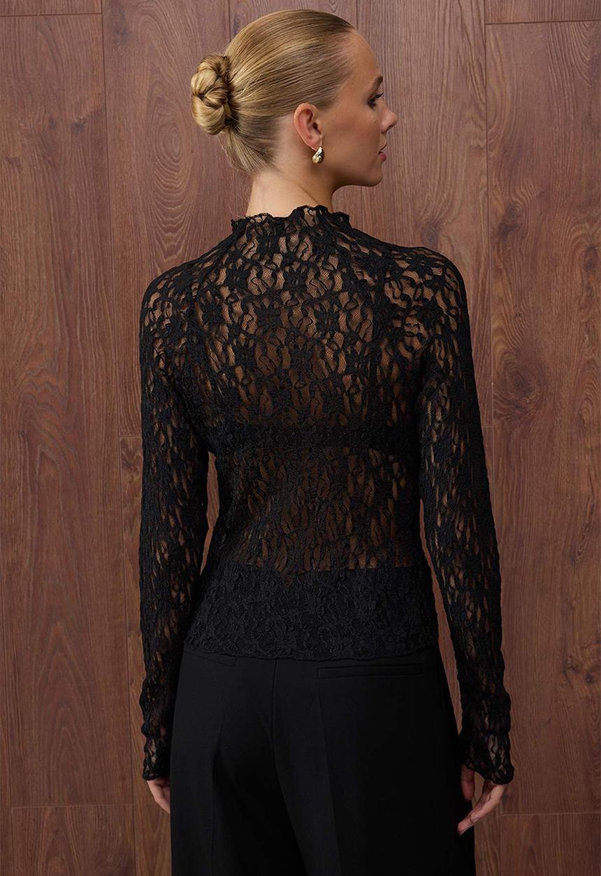 Trendyol - Raglan Sleeve Lace Long Sleeve Blouse - Black