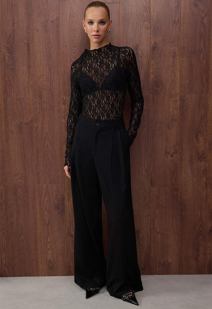 Trendyol - Raglan Sleeve Lace Long Sleeve Blouse - Black
