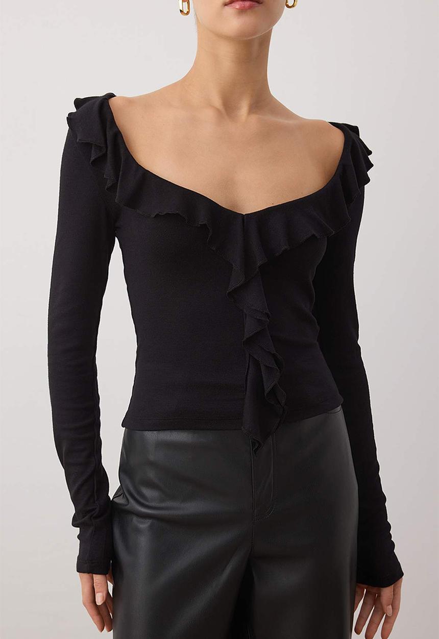 Trendyol - Ruffled Fitted Bodycon Knitted Blouse - Black