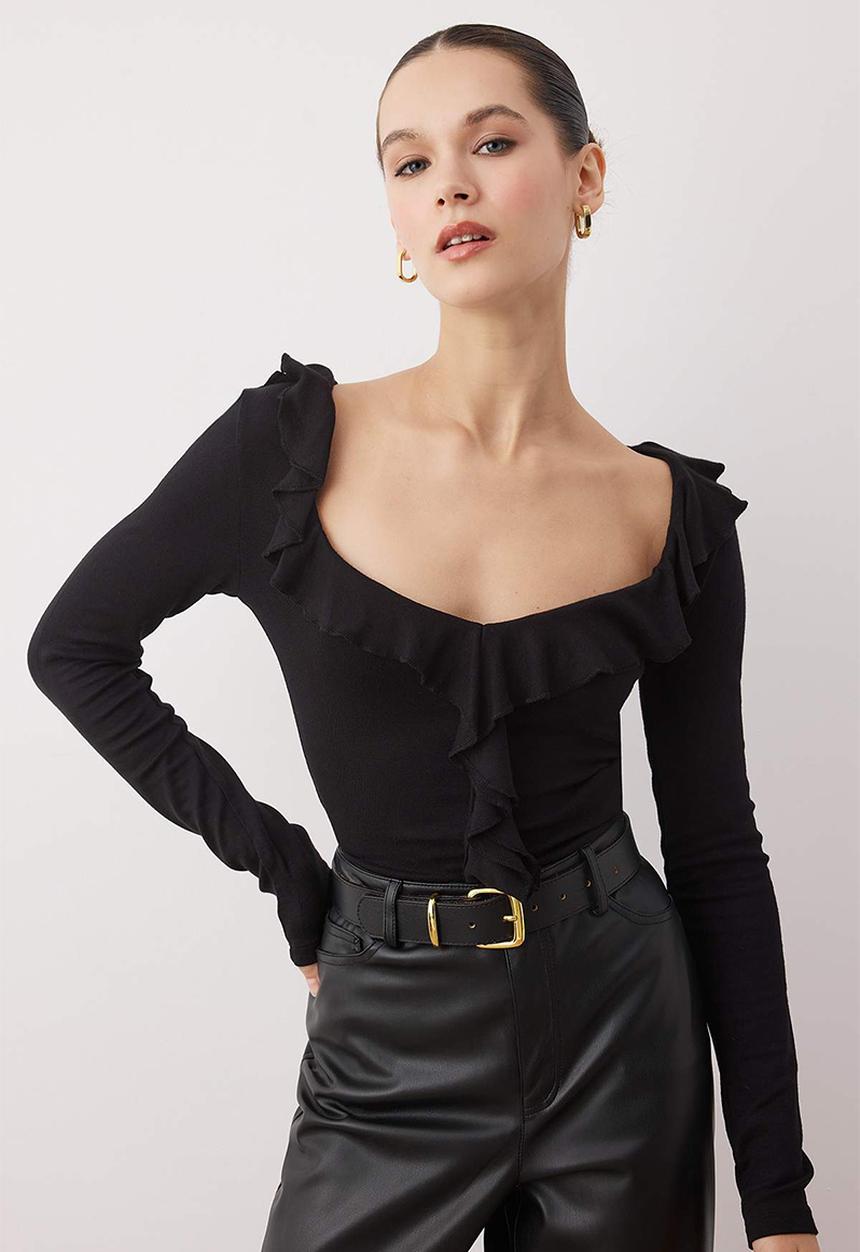 Trendyol - Ruffled Fitted Bodycon Knitted Blouse - Black