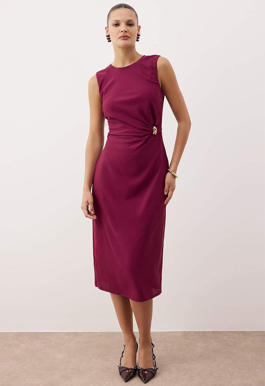 Trendyol - Straight Bodycon Midi Woven Dress with Accessory Detail - Dark Purple