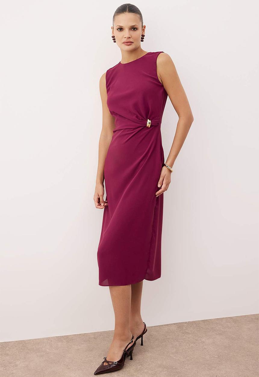 Trendyol - Straight Bodycon Midi Woven Dress with Accessory Detail - Dark Purple