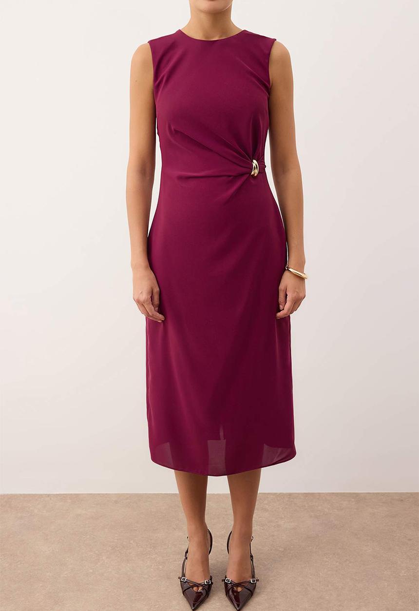 Trendyol - Straight Bodycon Midi Woven Dress with Accessory Detail - Dark Purple