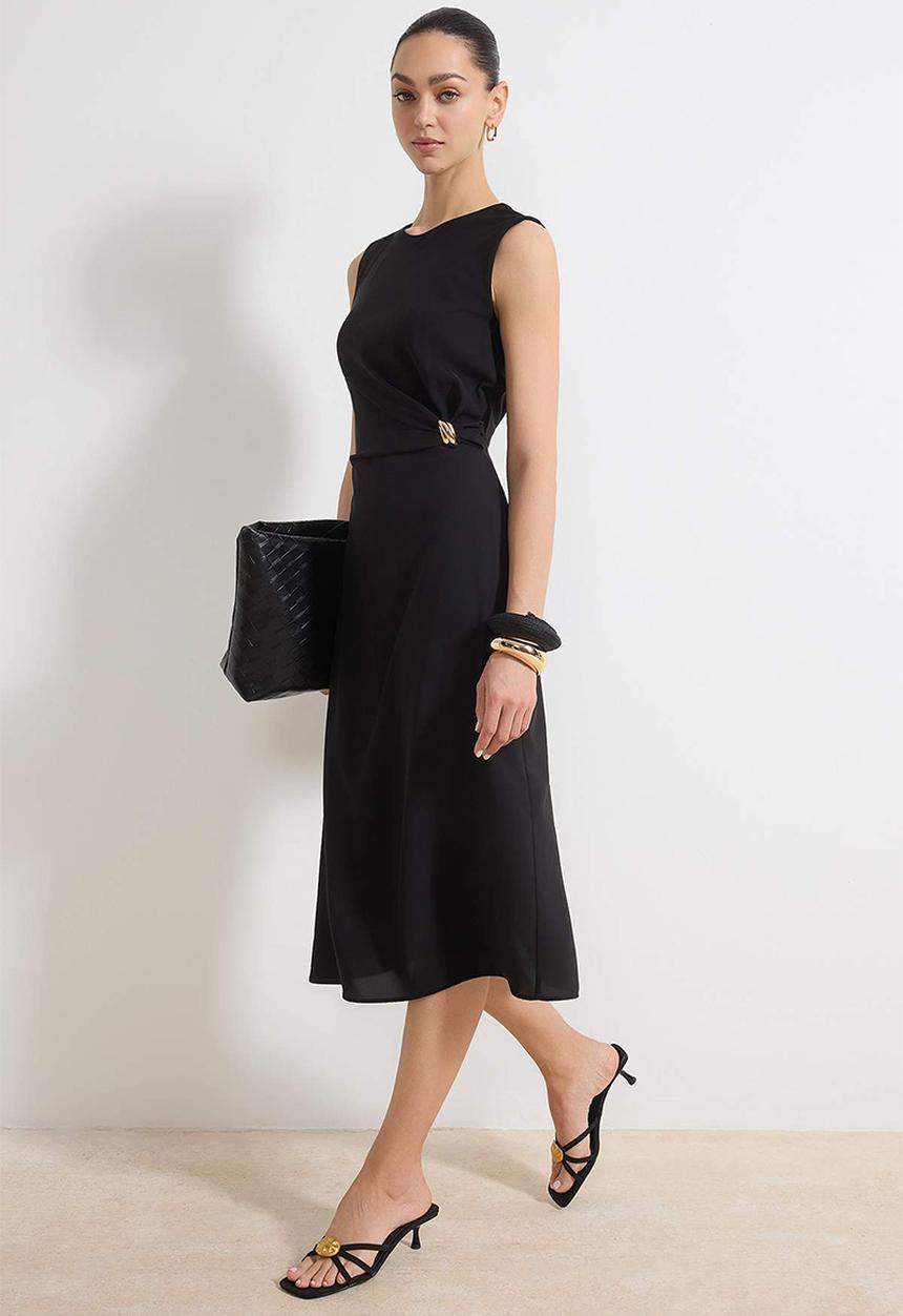 Trendyol - Body Wrap Midi Woven Dress with Accessories - Black