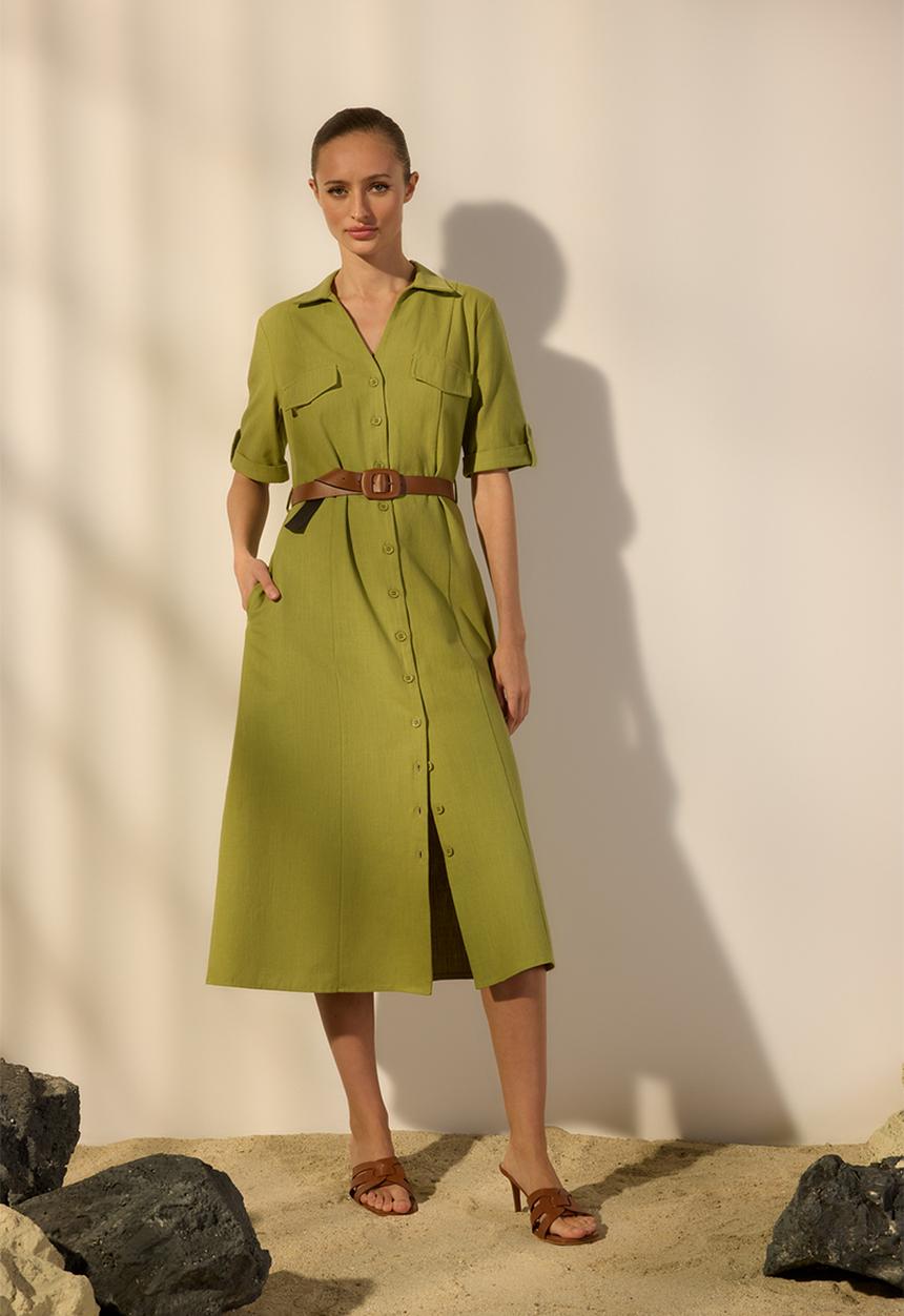 Trendyol - Belted Linen Blend Midi Woven Shirt Dress with Pocket Detail - Khaki