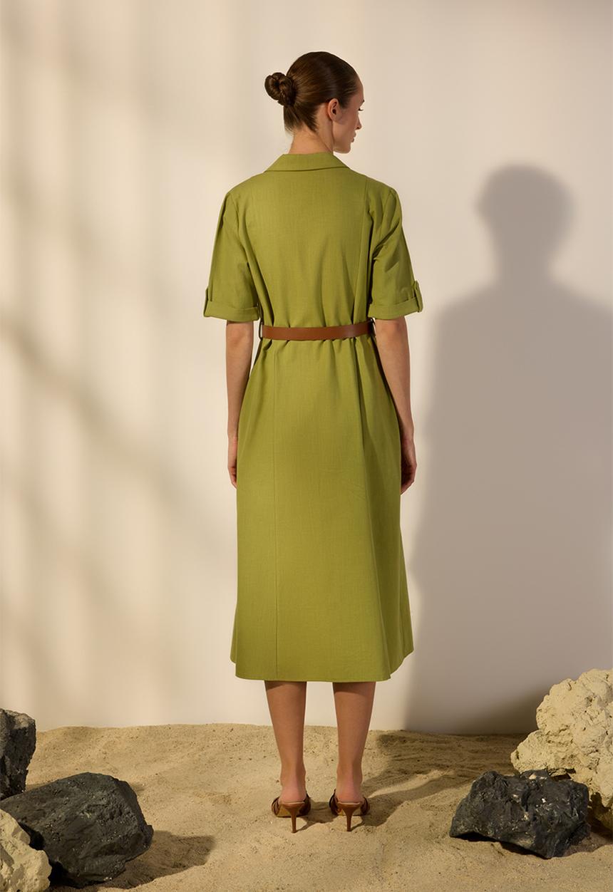 Trendyol - Belted Linen Blend Midi Woven Shirt Dress with Pocket Detail - Khaki