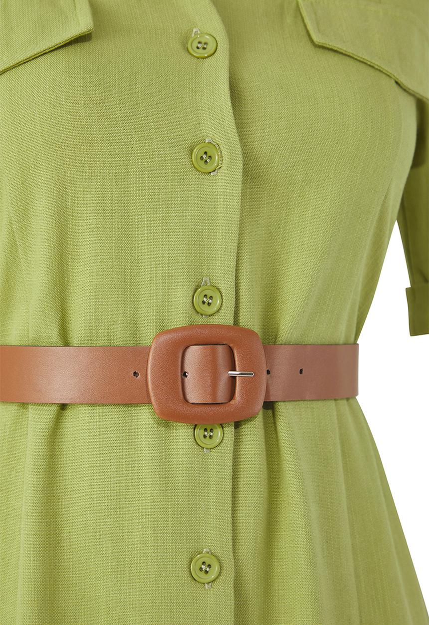 Trendyol - Belted Linen Blend Midi Woven Shirt Dress with Pocket Detail - Khaki