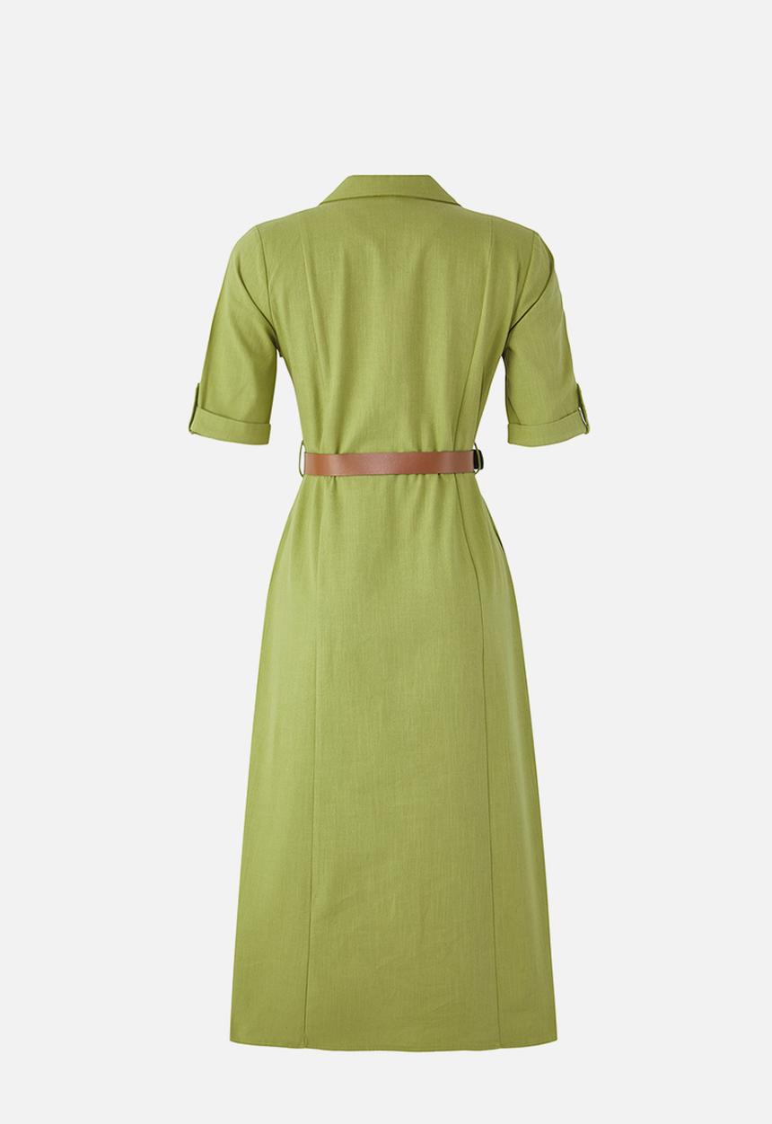 Trendyol - Belted Linen Blend Midi Woven Shirt Dress with Pocket Detail - Khaki