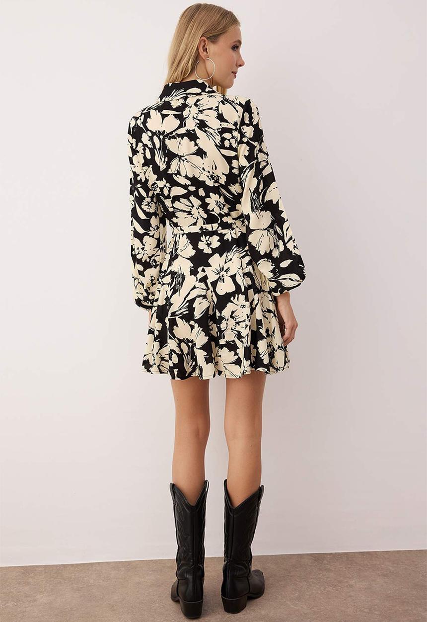Trendyol - Floral Detailed Mini Woven Shirt Dress - Black