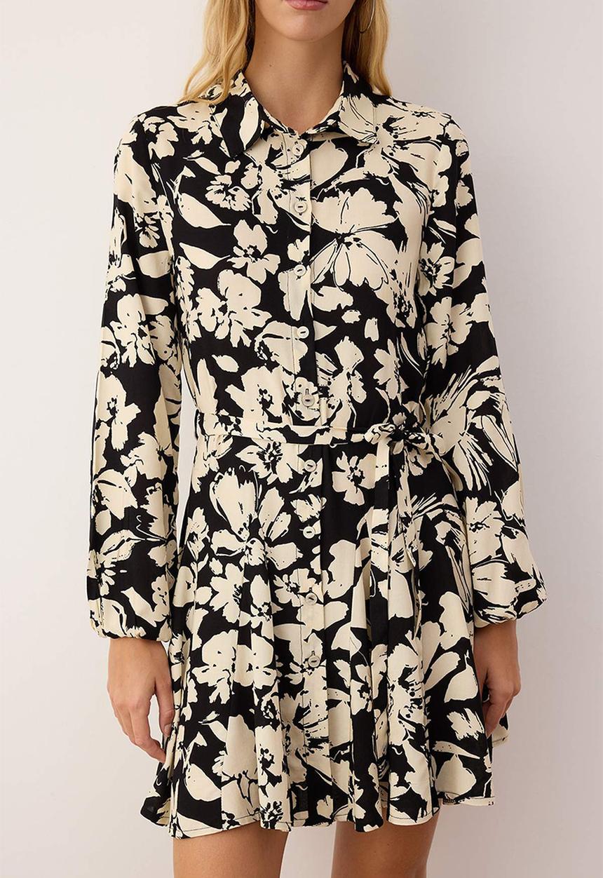Trendyol - Floral Detailed Mini Woven Shirt Dress - Black