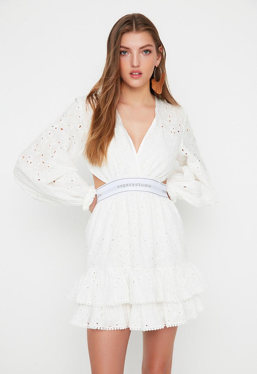 Trendyol - Waist Elastic Detailed Embroidery Dress - Ecru