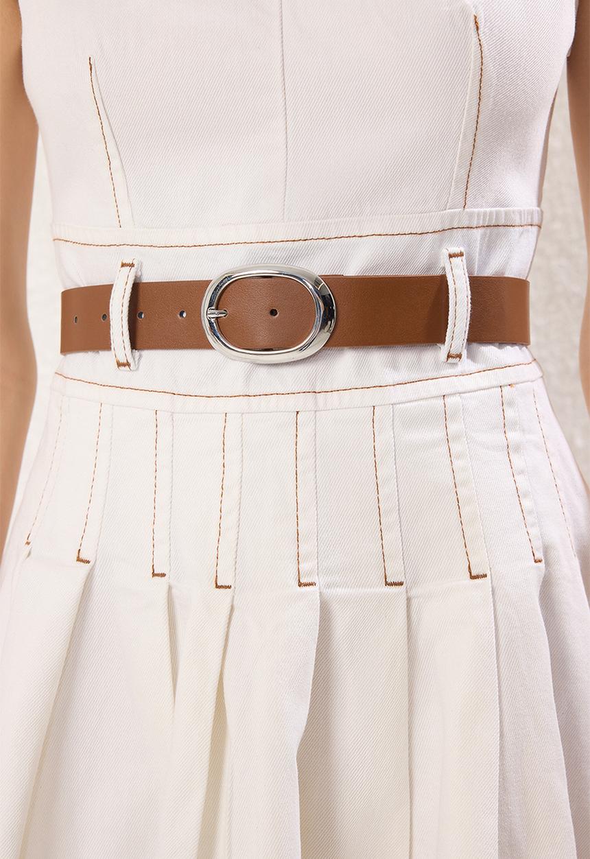 Trendyol - Belted V-Neck Pleated Mini Denim Dress - Ecru