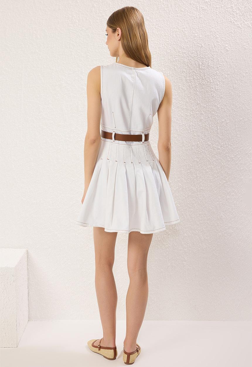 Trendyol - Belted V-Neck Pleated Mini Denim Dress - Ecru
