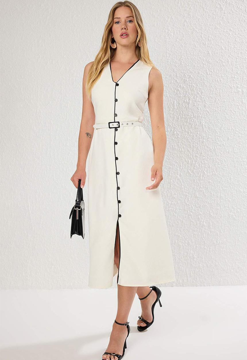 Trendyol - Belted A-Line and Button Detail Lined Midi Woven Dress - White